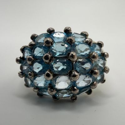 Sale Photo Thumbnail #206: Domed Cluster Design Blue Topaz Sterling Ring Thai 925 Sz 10