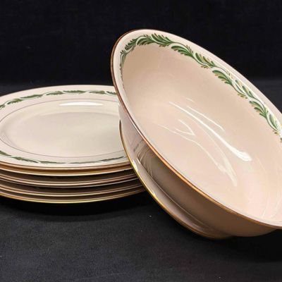 7pc Vintage Franciscan Arcadia Green Plumes Dinner Plates and Oval Vegetable Bowl