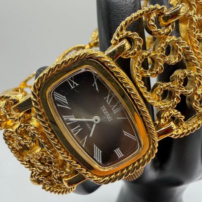 Sale Photo Thumbnail #220: Trifari Gold Tone Openwork Design Chain Watch with Box