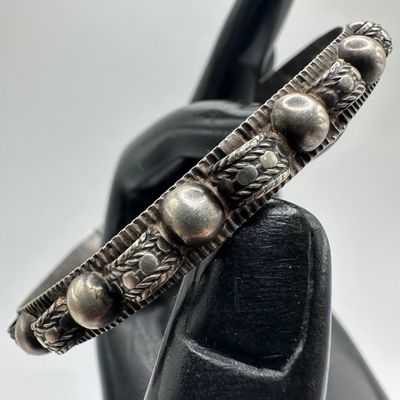 Sale Photo Thumbnail #397: Silver Cuff Bangle Bracelet Detailed Raised Beads Stylized Scroll Beaded