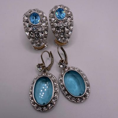 Sale Photo Thumbnail #200: Nolan Miller Blue Crystal Costume Earrings Group Including Sterling Leverback Pair