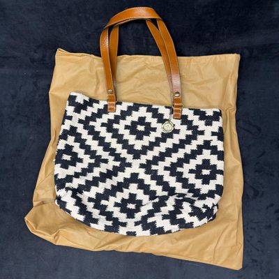 Sale Photo Thumbnail #463: Patricia Nash Black and White Woven Tote Handbag with Leather Handles
