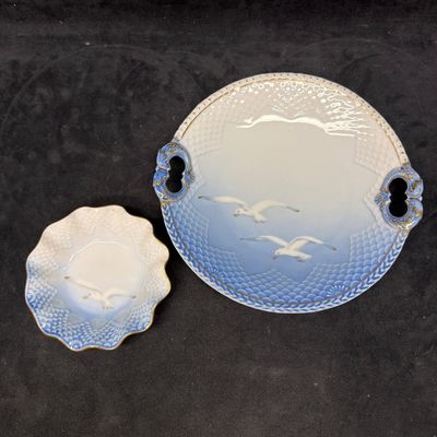 Sale Photo Thumbnail #458: Royal Copenhagen Seagull Porcelain Handled Tray and Scalloped Bowl Set