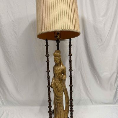 Sale Photo Thumbnail #230: Quan Yin Asian Design Ceramic Resin Brass Metal Columns Mid Century Style Table Lamp R119