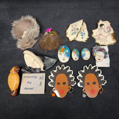 Sale Photo Thumbnail #187: Artisan Figural and Fashion Brooch Collection Including Akemi Mink Fur Enamel and Wood Jewelry