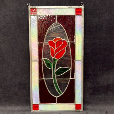 Sale Photo Thumbnail #176: Handcrafted Stained Glass Panel with Red Tulip Floral Design Iridescent Border