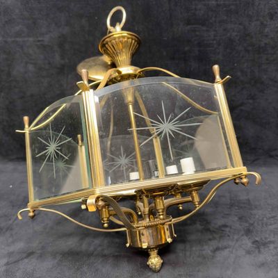 Sale Photo Thumbnail #289: Underwriters Laboratories Gold Tone Glass Panel Leaf Sunburst Chandelier Six Lights Panels