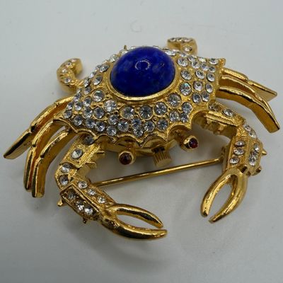 Sale Photo Thumbnail #172: Kenneth Jay Lane Lapis Clear and Red Rhinestone Crab Watch KJL Brooch