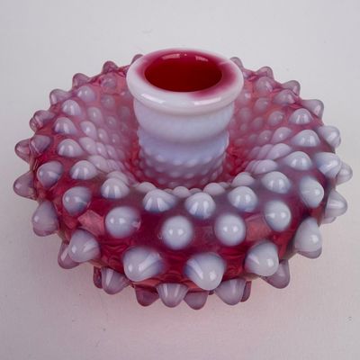 Sale Photo Thumbnail #482: Fenton Cranberry Opalescent Hobnail Glass Candleholder Broken