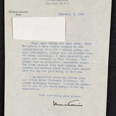 Sale Photo Thumbnail #299: Signed Norman Cousins Saturday Review Letter