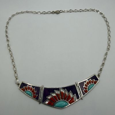 Sale Photo Thumbnail #465: Jay King Desert Rose Trading Zuni Style Stone Inlay Sterling Silver Necklace