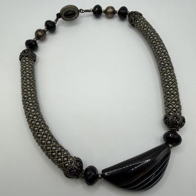 Sale Photo Thumbnail #447: Artisan Sterling Silver Black Onyx and Banded Agate Large Pendant Necklace
