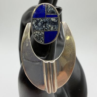 Sale Photo Thumbnail #472: Ray Tracey Navajo Geometric Lapis Inlay Sterling Silver Dangle Drop Earrings
