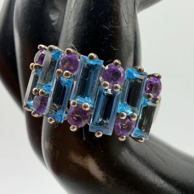 Sale Photo Thumbnail #207: Sterling Silver Blue Topaz Baguette Purple Amethyst Chaton Cut Ring