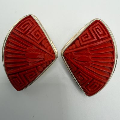 Sale Photo Thumbnail #469: Sajen Art Deco Fan Shaped Sterling Silver Clip On Earrings Red Cinnabar Carved