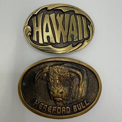 Sale Photo Thumbnail #160: Vintage Brass Belt Buckle Hawaii and Hereford Bull by Bergamot Brass Works