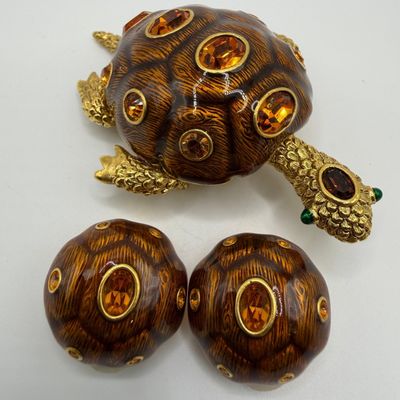Sale Photo Thumbnail #180: Joan Rivers Classics Turtle Brooch and Matching Clip-On Earrings Set Amber Brown Tone