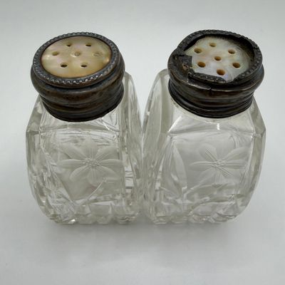 Sale Photo Thumbnail #156: Mother of Pearl Sterling Cap Etched Floral Glass Salt Pepper Shakers