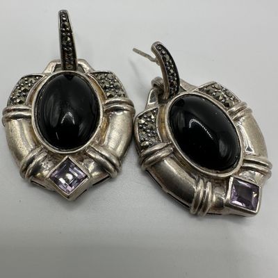 Center Oval Onyx with Amethyst Marcasite Accents Silver Statement Drop Earrings