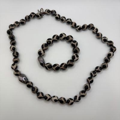 Sale Photo Thumbnail #181: Simon Sebbag Designs Faceted Black Cream Stone Bead Necklace and Bracelet Set Sterling Accents