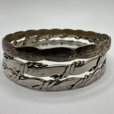 Sale Photo Thumbnail #129: Mexico Silver Tone Twisted Rope Design Bangle Bracelets Three