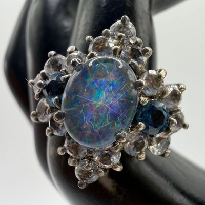 Sale Photo Thumbnail #205: Doublet Opal Blue and White Sapphires Sterling Silver Ring