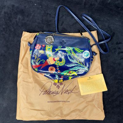 Sale Photo Thumbnail #445: Patricia Nash Blue Leather and Bird Tropical Print Crossbody Shoulder Small Bag