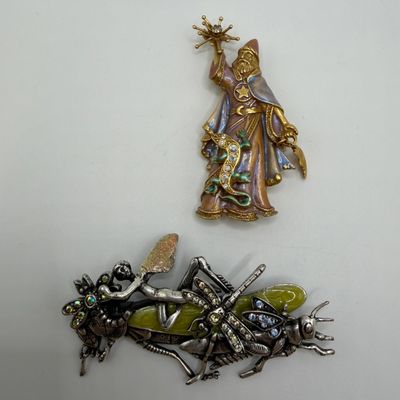 Sale Photo Thumbnail #219: Kirks Folly Wizard and Fairy Grasshopper Enamel Crystal Brooch Fantasy Set HG3