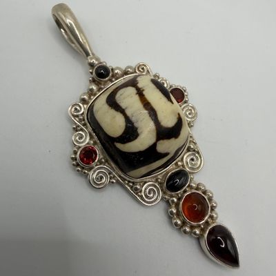 Sale Photo Thumbnail #464: Sajen 925 Sterling Dzi Bead Amber Garnet and Black Onyx Silver Pendant