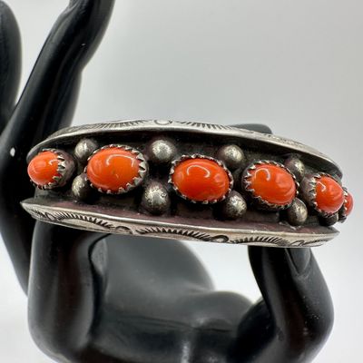 Silver Oval Red Coral Silverwork Beading Chunky Hefty Bracelet Navajo Style