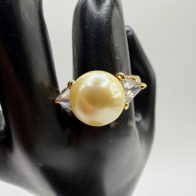 Sale Photo Thumbnail #218: Nolan Miller Ring Faux Pearl Rhinestone Baguettes Uptown Ring Sz 10