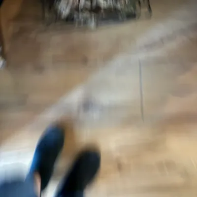 Sale Photo Thumbnail #175: Blurry, out-of-focus photograph showing a person's feet in dark shoes on a wooden floor, with a fireplace screen visible in the background.