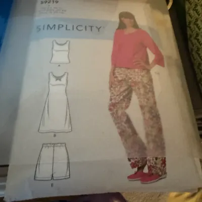 Sale Photo Thumbnail #195: Simplicity sewing pattern S9219 for women's loungewear, including a top, nightgown, shorts, and pants, in its original paper envelope.