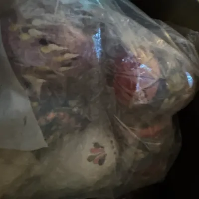 Sale Photo Thumbnail #196: Collection of vintage handmade quilted and fabric Christmas ornaments, stored in a clear plastic bag.