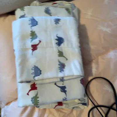 Sale Photo Thumbnail #165: Folded children's bed sheet set featuring a colorful dinosaur pattern on a white background.