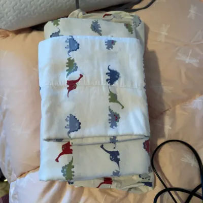 Sale Photo Thumbnail #164: Folded children's bed sheet set featuring a colorful dinosaur pattern on a white background.