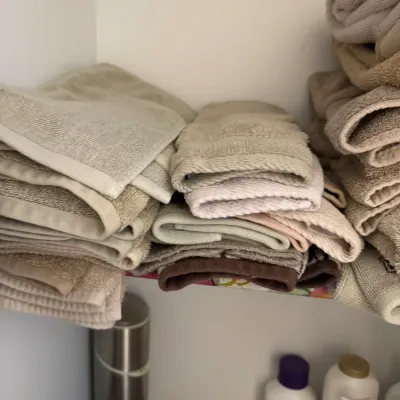 Sale Photo Thumbnail #153: Assorted bath towels and washcloths in neutral tones, stacked on a closet shelf.
