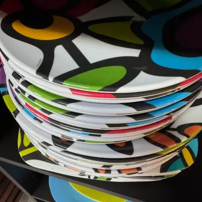 Sale Photo Thumbnail #266: Stack of contemporary melamine plates featuring a bold, colorful abstract floral design with thick black outlines.