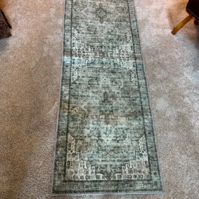 Sale Photo Thumbnail #269: Modern runner rug featuring a distressed traditional Persian-style pattern in shades of sage green, grey, and cream.