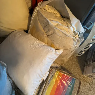 Sale Photo Thumbnail #187: Assorted bedding items, including a white pillow, a comforter in a storage bag, and a rainbow-striped textile in a clear zippered case.