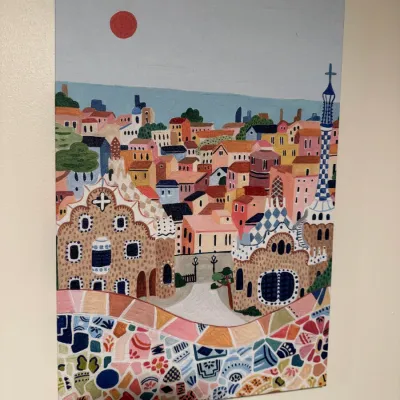 Whimsical acrylic painting on canvas depicting Park Güell in Barcelona, featuring colorful mosaic details and a stylized cityscape under...