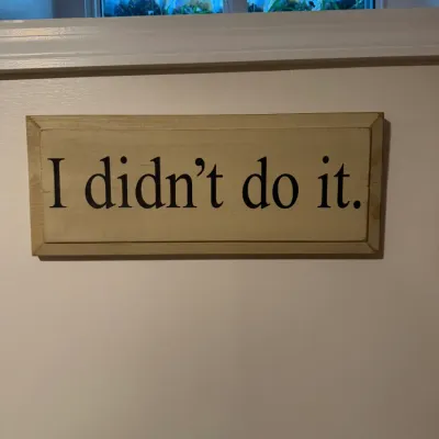 Rustic wooden wall sign featuring the phrase "I didn't do it." in black serif lettering on a cream-colored background with...