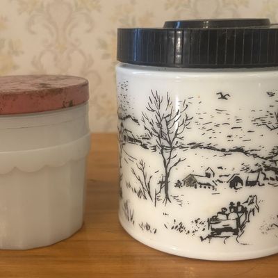 Sale Photo Thumbnail #535: Two Vintage Milk Glass Lidded Jars