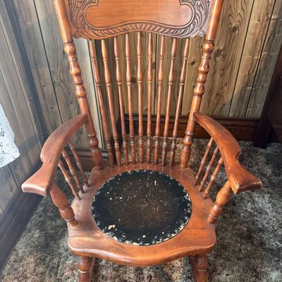 Sale Photo Thumbnail #203: American Antique Carved Oak Press-Back Rocking Chair with Embossed Seat