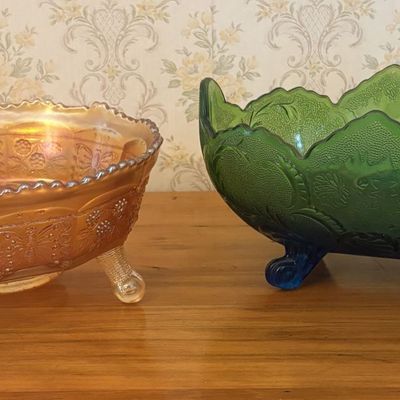 Sale Photo Thumbnail #611: Two American Pressed Glass Footed Bowls Including Marigold Carnival Glass and Two Tone Blue and Green Slag Glass