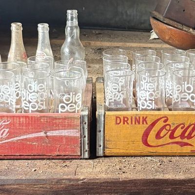 Sale Photo Thumbnail #791: Two Vintage Wooden Coca-Cola Beverage Crates Containing a Collection of Soda Bottles and Diet Pepsi Glassware