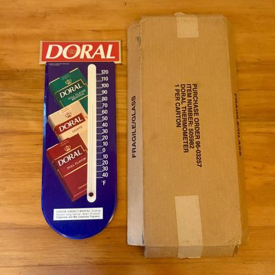 Sale Photo Thumbnail #321: Vintage 1996 Doral Cigarettes Metal Advertising Thermometer with Original Shipping Box