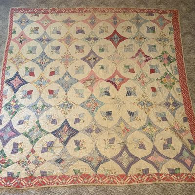 Sale Photo Thumbnail #422: Vintage Hand Stitched Cotton Feed Sack Patchwork Quilt