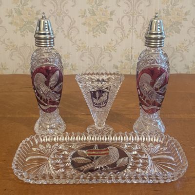 Sale Photo Thumbnail #111: A Set of Hofbauer Byrdes Lead Crystal Table Service Pieces with Ruby Stained Medallions