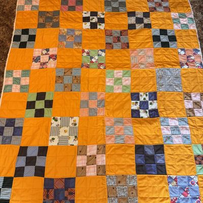 Sale Photo Thumbnail #219: American Patchwork Nine-Patch Scrap Quilt with Saffron Ground